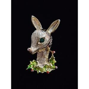 GERRYS Gold Tone Rudolf Reindeer Brooch w/Green Crystal Eye & Red & Green Enamel